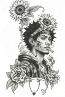 Trafalgar law from one piece, sunflowers, roses, hearts, black girl  tattoo design idea