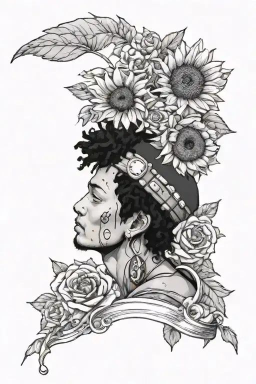 Trafalgar law from one piece, sunflowers, roses, hearts, black girl  tattoo design idea