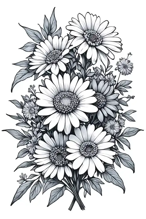 marigold, violet, and aster flower bouquet fine line tattoo design idea