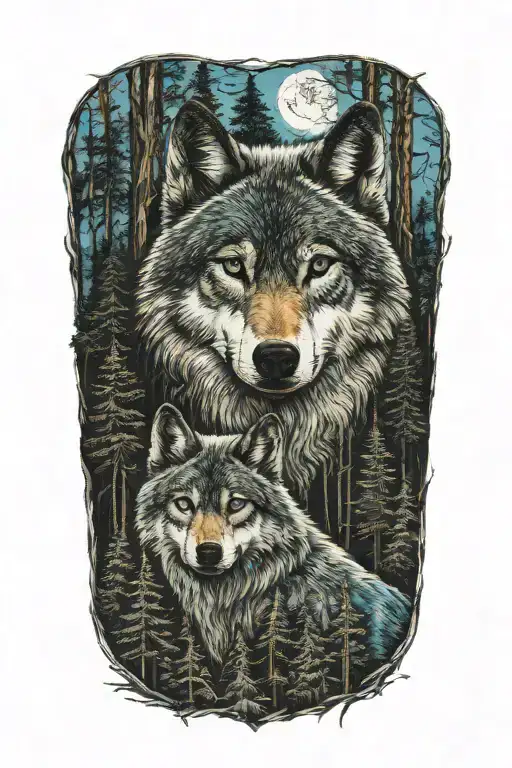 wolf blue eyes howling forest landscape tattoo design idea