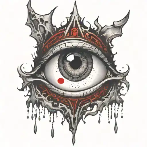 Demonic eye, crying blood, grey iris, pinpoint pupil, veiny, bloodshot, all seeing eye, Satanic, Satanism, Black and red tattoo design idea