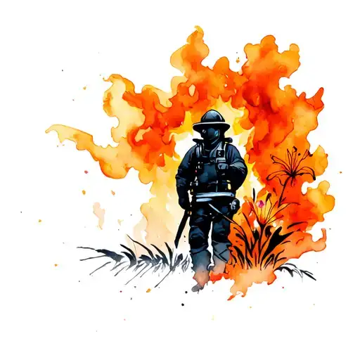 a bold black ink silhouette of a wildfire with a colorized firefighter figure in the center. orange lilies wrapping arou tattoo design idea