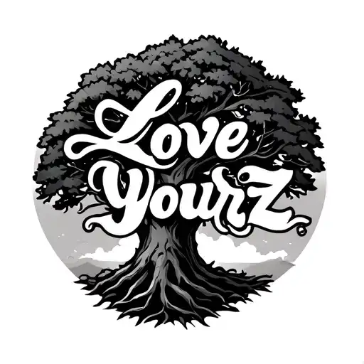 Love Yourz written inside of a tree tattoo design idea