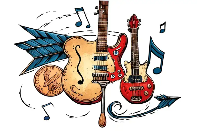Guitar, arrow, penny, music note tattoo design idea
