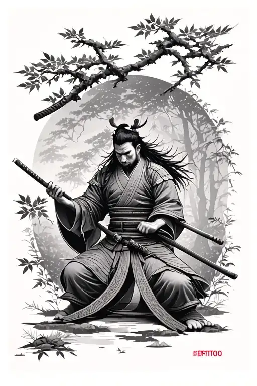 An intricate design of a samurai performing seppuku with the forest as a backdrop, incorporating elements of nature like leaves and branches tattoo design idea