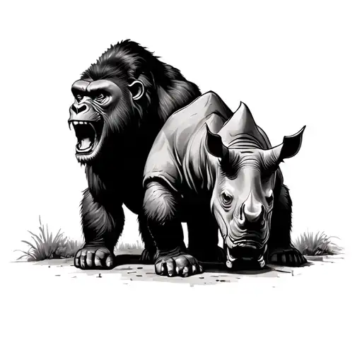 lion roaring connected to a gorilla next to a rhino tattoo design idea