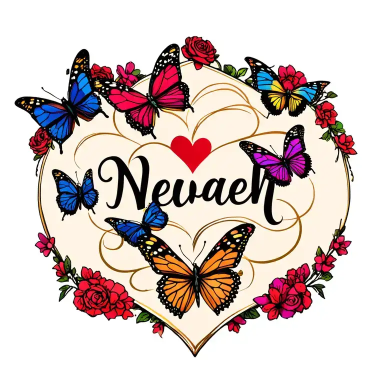 hearts and butterflies flying with the name Nevaeh tattoo design idea