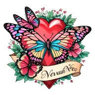 hearts and butterflies flying with the name Nevaeh tattoo design idea