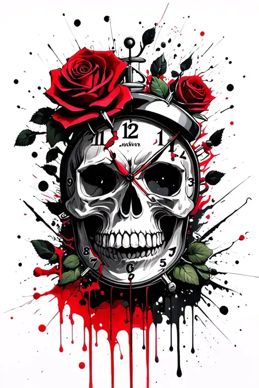 rose clock melting skull surrounded tattoo design idea