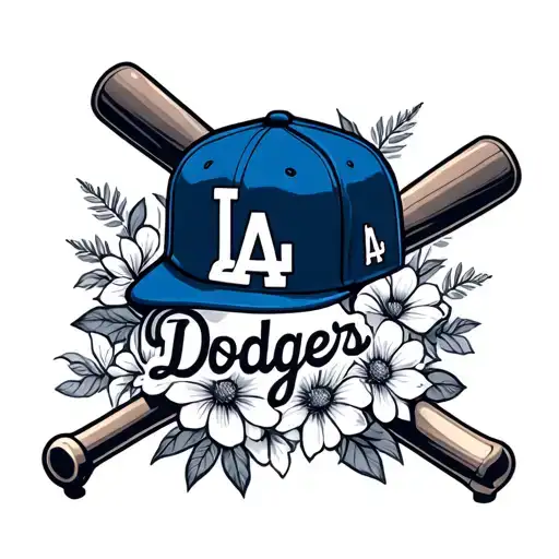 LA Dodgers with floral, baseball cap, and baseball bat tattoo design idea