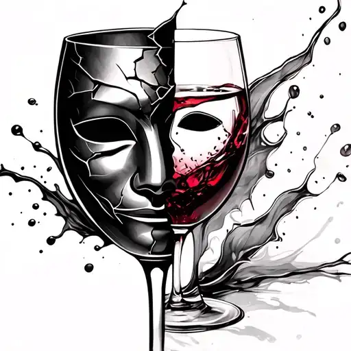 "Broken Mask with Wine"The left half is a cracked theatrical mask The right half is a glass with splashes (Foucault' tattoo design idea