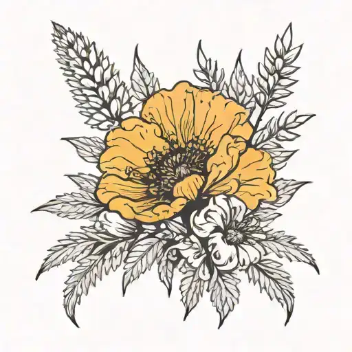 a marigold or poppy flower in a desert with guaro and a yucca shrub in an oval border tattoo design idea