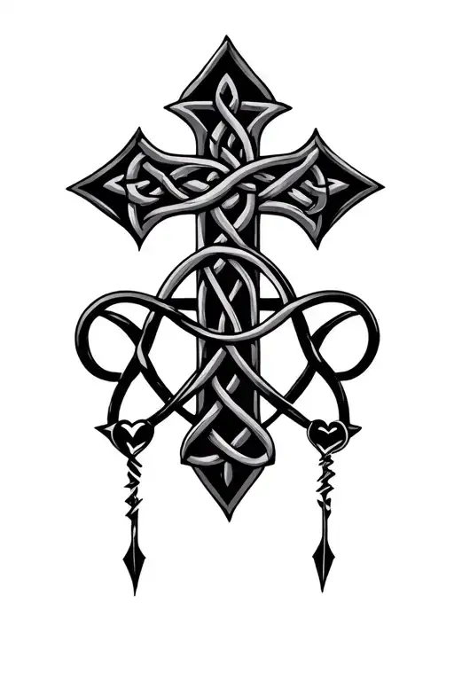 Black and grey Roman Catholic cross with knotwork, infinity symbol, pierced by an arrow, heart at  base, rib tattoo. tattoo design idea
