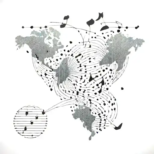 Musical notes forming a world map with dotted lines connecting different countries tattoo design idea