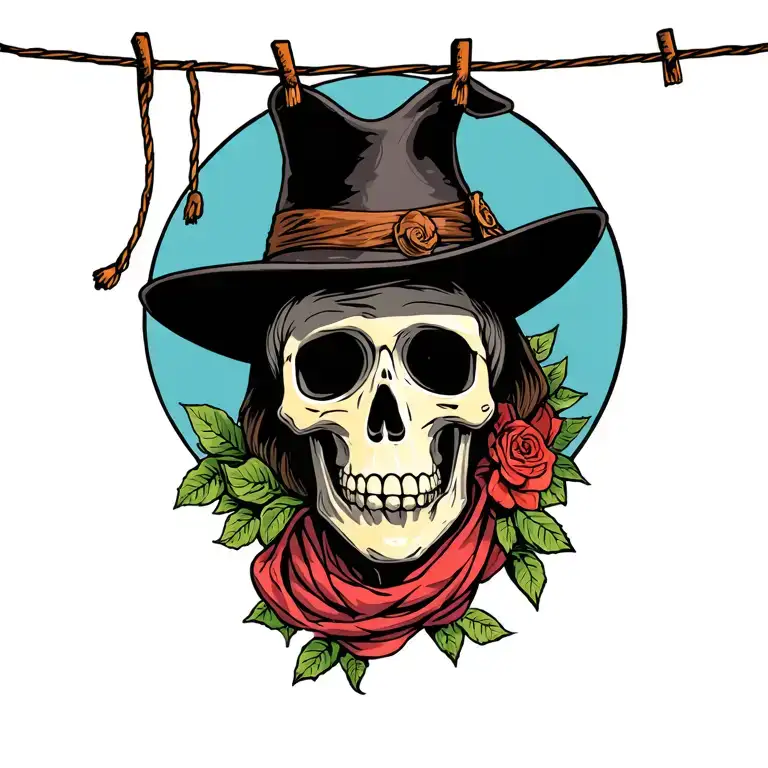 a skeleton in a hat, hanging bored on a clothesline tattoo design idea