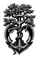 oak tree with anchor surrounded and heart tattoo design idea