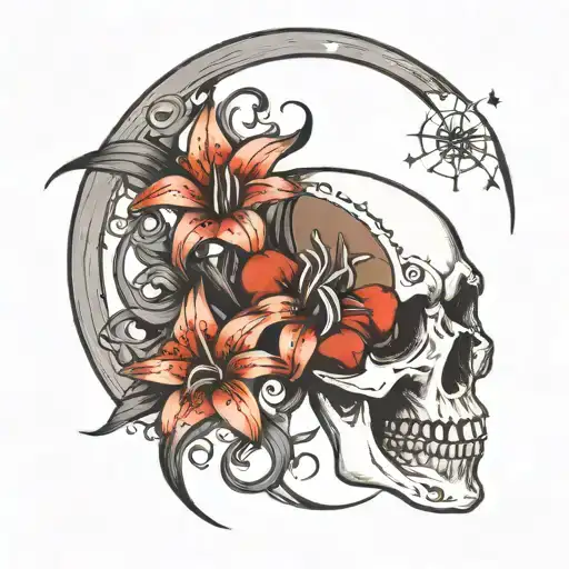 crescent moon with a skull at its center, creating a striking focal point. A spider lily pierces through with stars tattoo design idea
