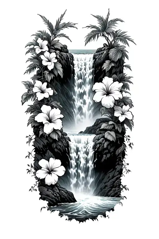 hawaiin waterfall with hibiscus vine tattoo design idea