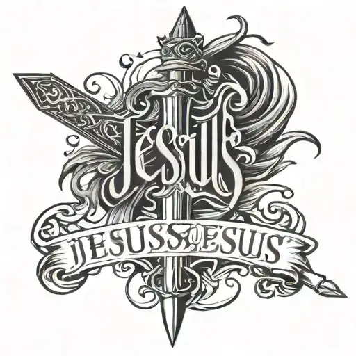 the word jesus in cursive wrapped around a sword  tattoo tattoo design idea