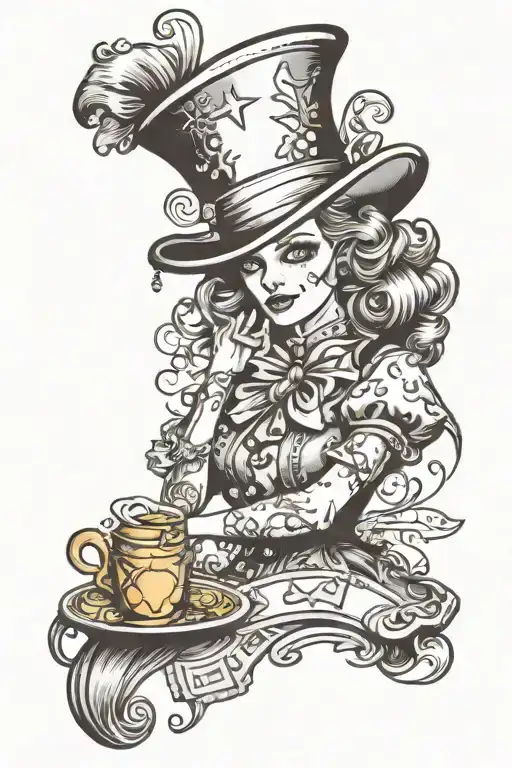 mad hatter female character tattoo design idea