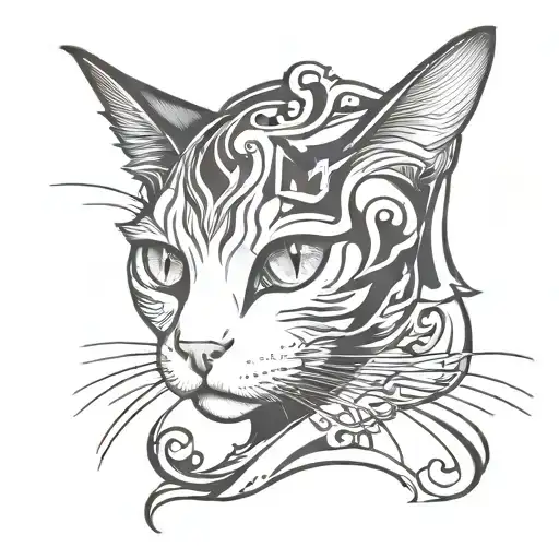 half head of a white and black cat with the letter N tattoo design idea