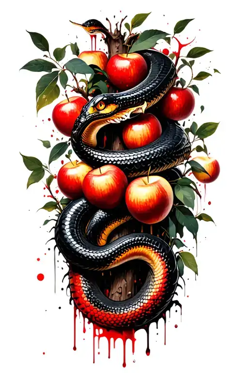 a viper is coiled around the trunk of the garden of eden tree with apples tattoo design idea