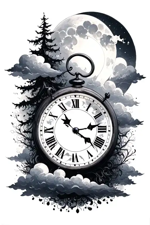 clouds trees sun moon $ clocks hour glassall grey washed tattoo design idea