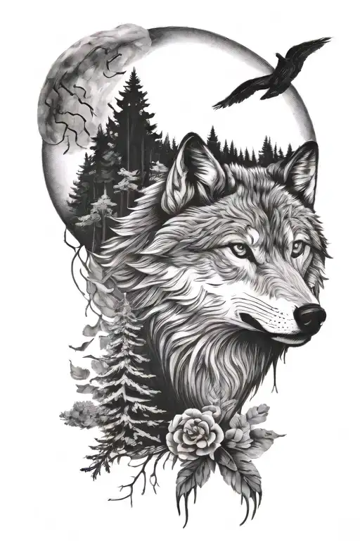 moon, wolf, forest, ocean  tattoo design idea