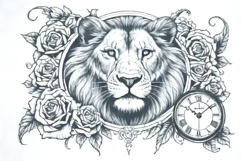 Make a forearm tattoo design with a blue eyes lion , roses and clock  tattoo design idea