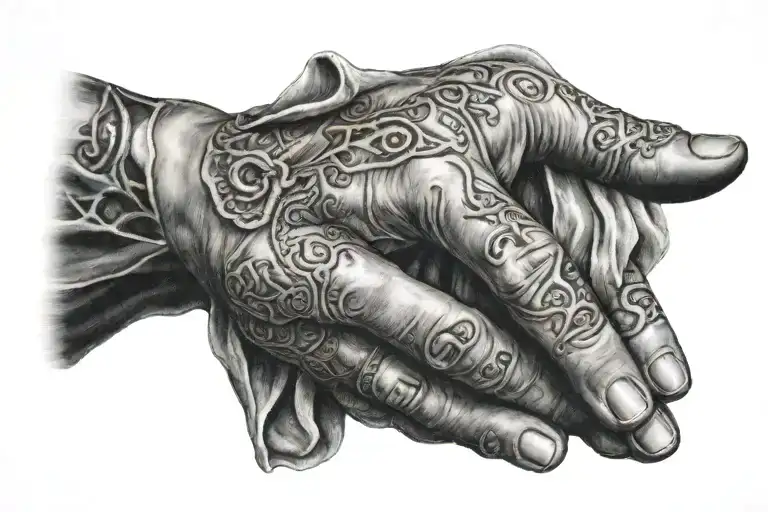 Main Focus: A finely detailed hand reaching towards the hem of Jesus’ robe.Details:Hand: A hyper-realistic hand with s tattoo design idea