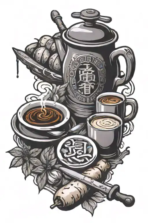 coffee, meat, garlic, knife, Japanese writing, thyme, potato tattoo design idea