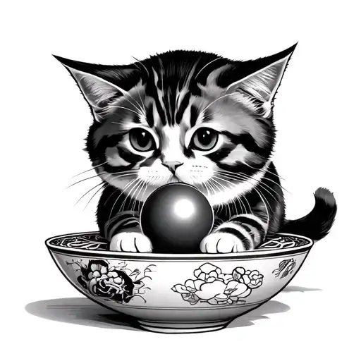 A cat playing with a Chinese ball against the background of a noodle bowl tattoo design idea