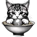A cat playing with a Chinese ball against the background of a noodle bowl tattoo design idea