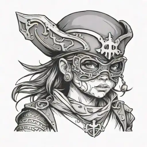 child pirate wearing cyberpunk opera mask tattoo design idea