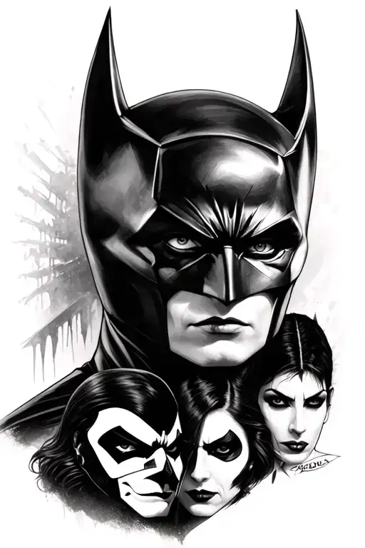 A realistic portrait-style tattoo featuring Batman, Catwoman, Two-Face, and Penguin  tattoo design idea