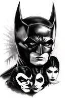 A realistic portrait-style tattoo featuring Batman, Catwoman, Two-Face, and Penguin  tattoo design idea