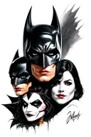 A realistic portrait-style tattoo featuring Batman, Catwoman, Two-Face, and Penguin  tattoo design idea