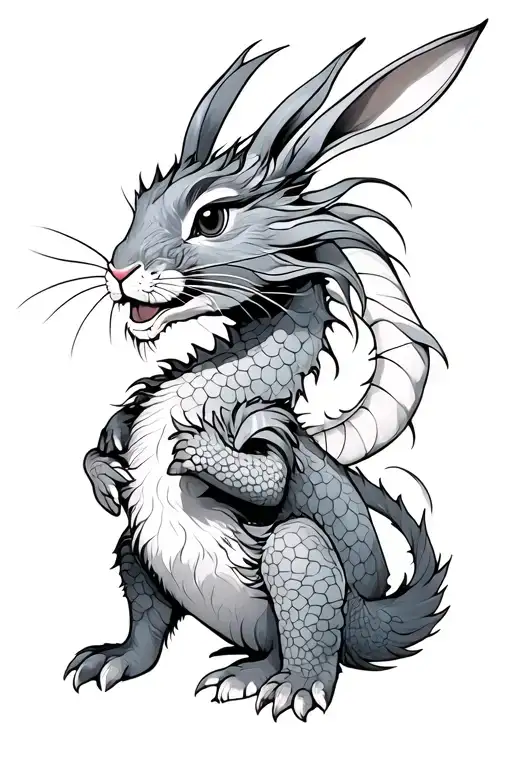 Japanese dragon and rabbit sitting tattoo design idea