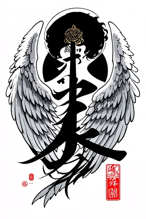 Japanese characters incorporated angel wings tattoo design idea