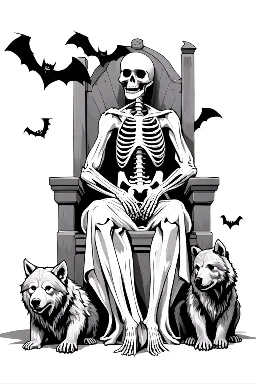 relastic robbed skeleton figure sitting in a throne with bats wolves bears surrounding tattoo design idea