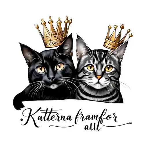 "Katterna framför allt" Two cats, one black, the other withlong hair and stripes. Both cats wear crowns tattoo design idea