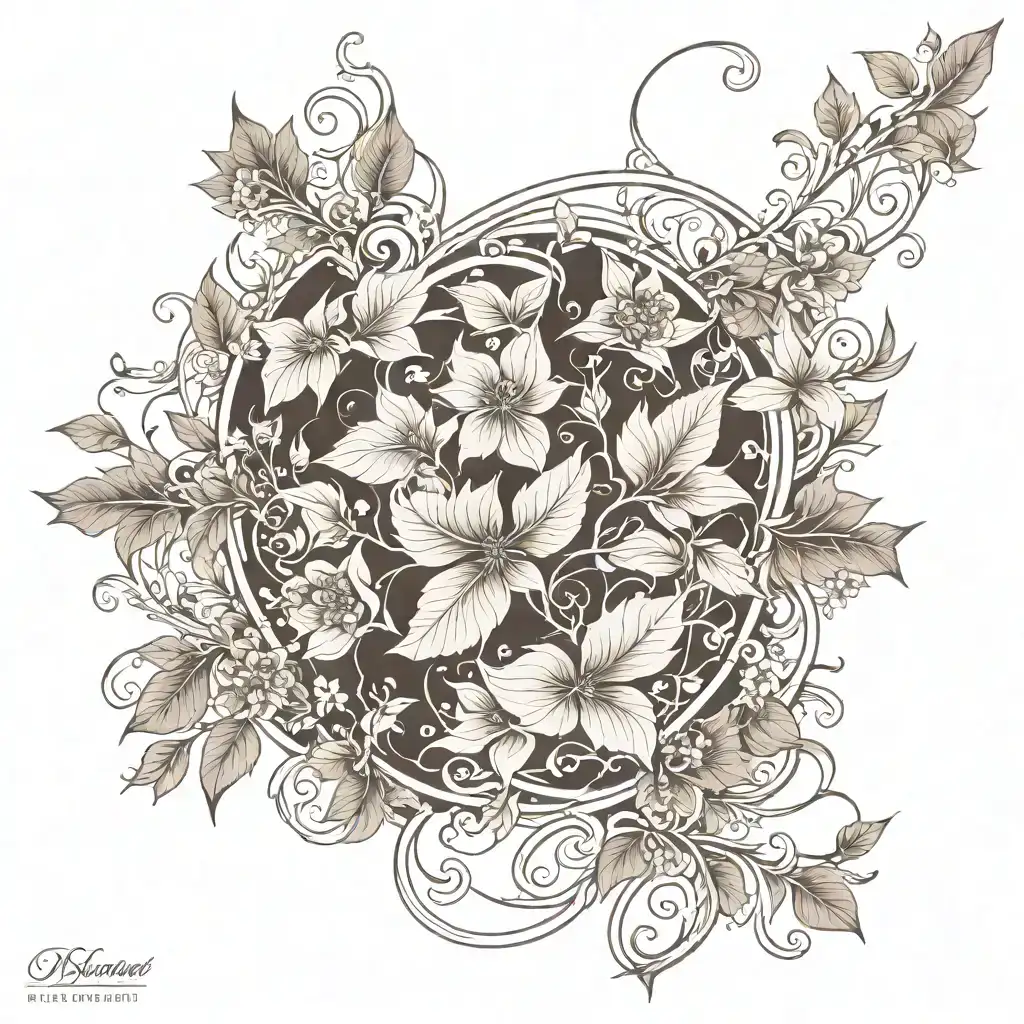 Create a delicate, symmetrical chest tattoo design that centers around a floral and ornamental motif. The tattoo features thin, intricate lines with small branches, leaves, and stars, arranged in a pattern resembling a tree or vine. The design includes subtle geometric shapes, adding a mystical feel, and is positioned between the collarbones, flowing downward toward the center of the chest. The tattoo has a minimalistic and elegant aesthetic, with clean black ink lines against a natural skin tone. The overall feel should be soft, feminine, and graceful. tattoo design idea