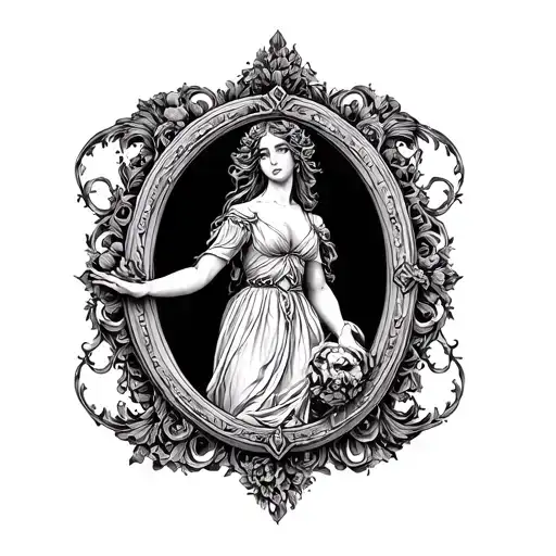 A highly detailed blackwork tattoo design of a vintage, Renaissance-style female figure emerging from a large, ornate fi tattoo design idea