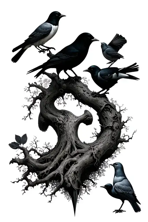 poison tree with 5 birds arround de neck tattoo design idea