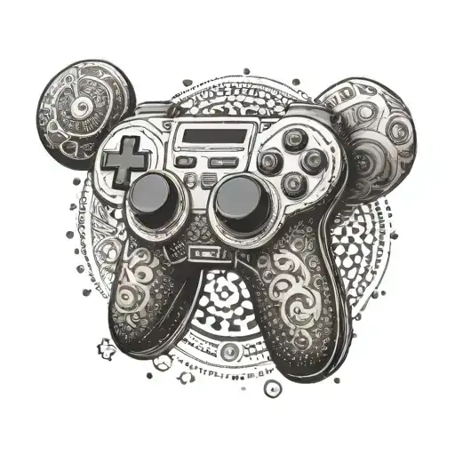 A dotwork tattoo of a gaming controller morphing into a mythical creature from Indian mythology, with a cinematic background tattoo design idea