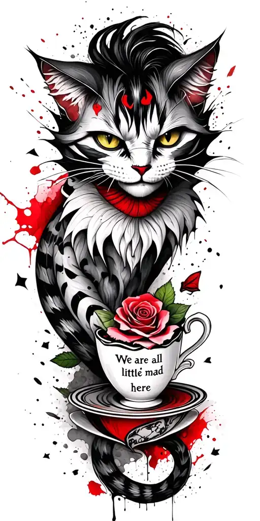 "We are all a little mad here" "We are all a little mad here"  evil cheshire cat with tail intertwined with tea cup and rose tattoo design idea