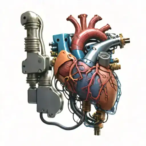 realistic human heart, embedded motherboard circuit, bleeding, wires, blood vessels, aorta valves, fleshy, electronics tattoo design idea