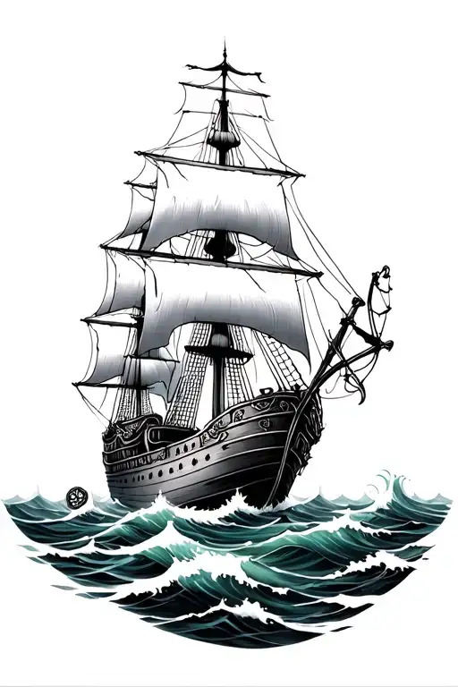 ship black perl on sea waves and compas, treasure etc. tattoo design idea