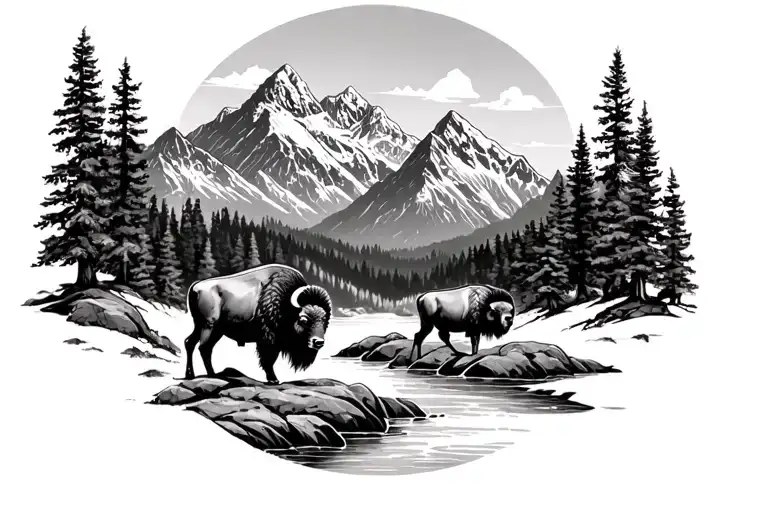 mountains, trees, streams, ram, bison tattoo design idea