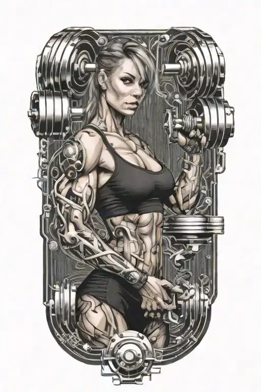 aesthetic bodybuilder muscular women lifting weight dumbell with technology circuits vectors board merging tattoo design idea